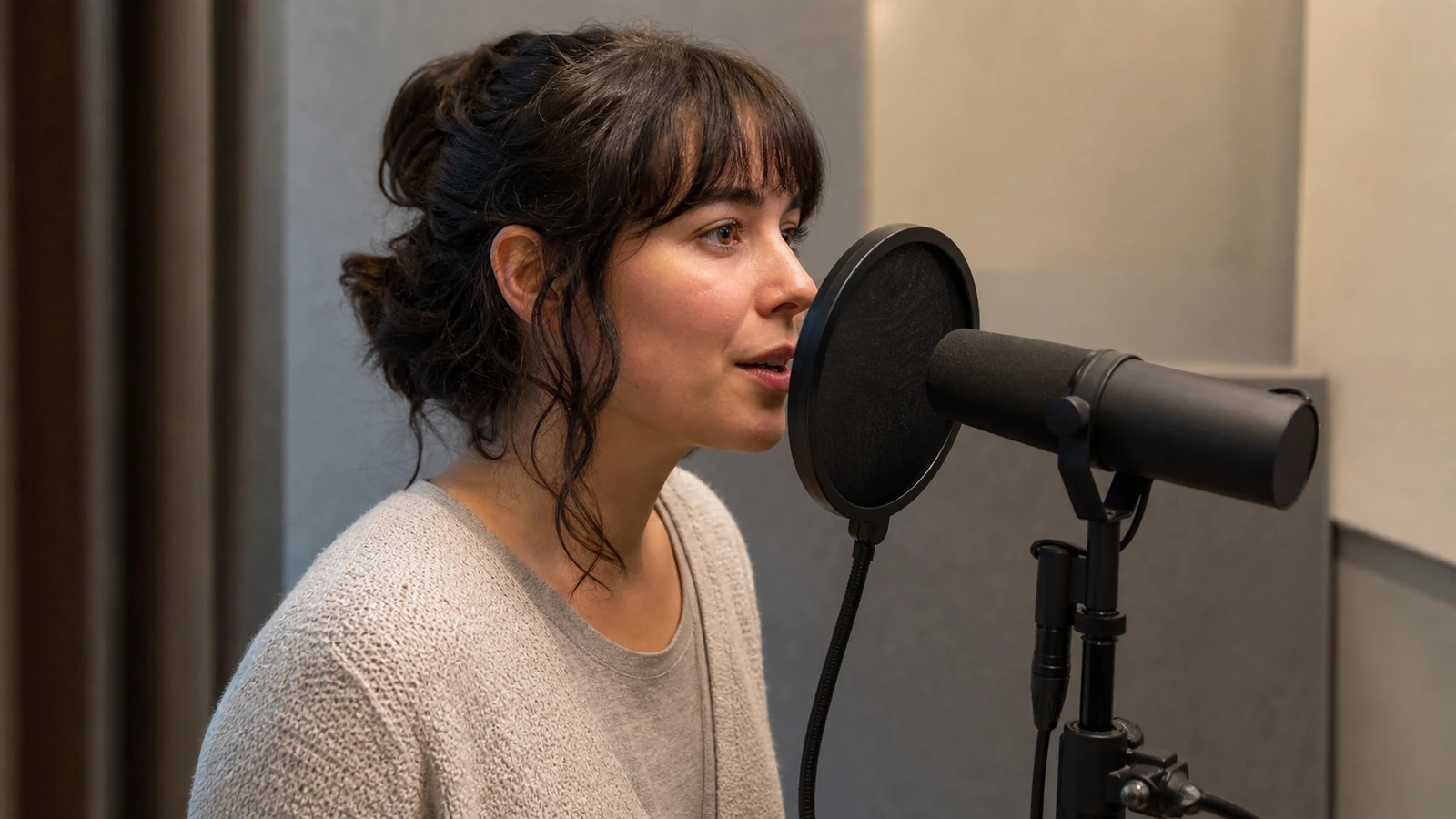 Studio d’enregistrement, micro et fond neutre